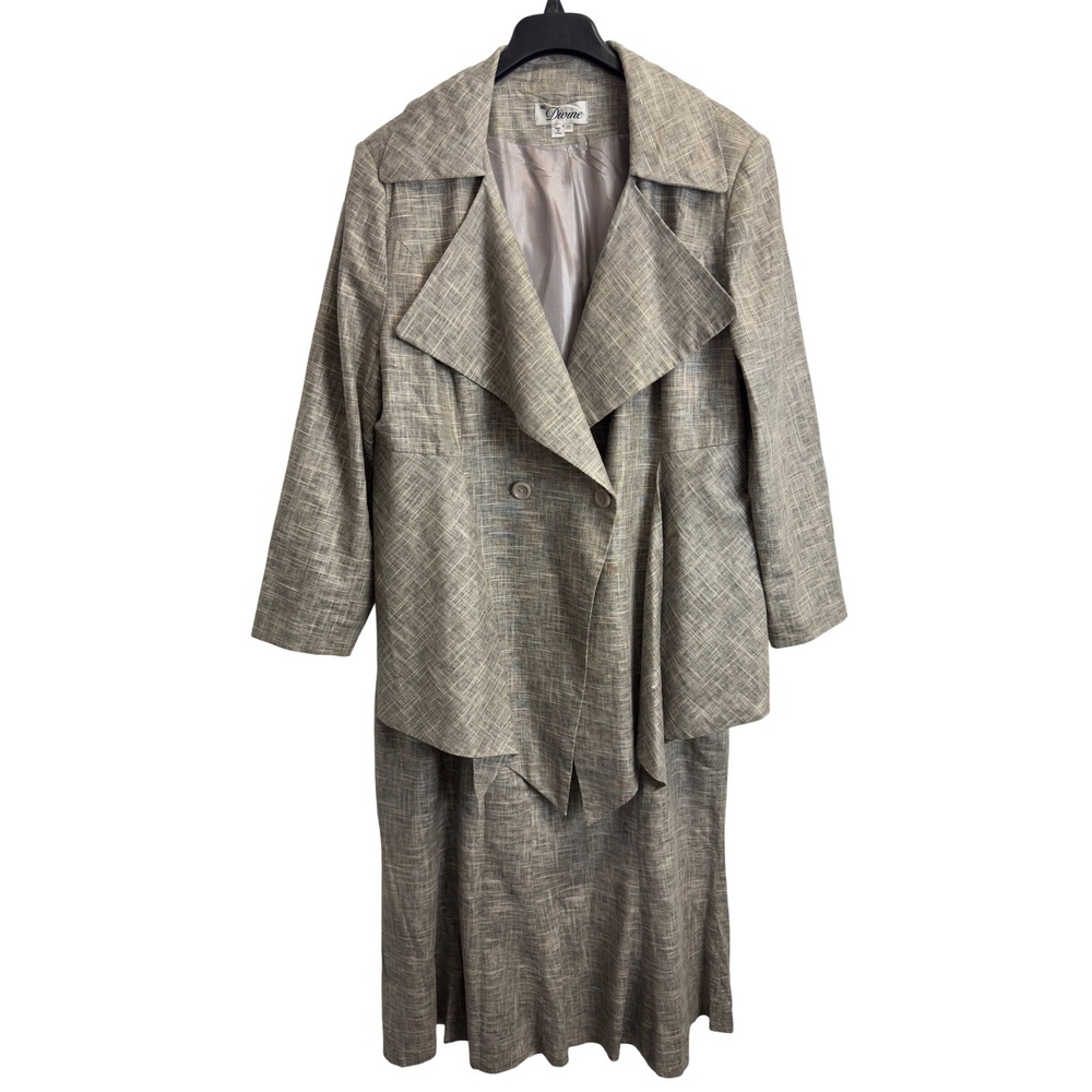 Ms Divine Linen Cotton Skirt Suit Set Grey Textured Asymmetrical Jacket Size 20